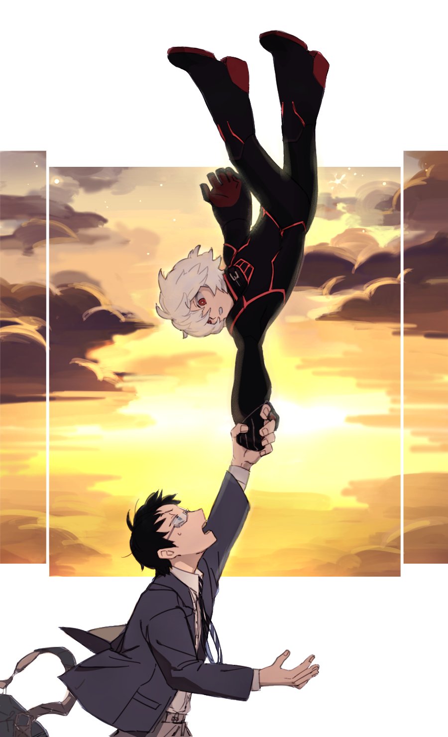 2boys arm_up bag black_bodysuit black_gloves black_hair blazer blue_jacket bodysuit boots catching cloud cowboy_shot floating from_side gloves grey_hair highres holding_hands jacket kuga_yuuma looking_down looking_to_the_side looking_up male_focus mikumo_osamu multiple_boys one_eye_closed outside_border outstretched_arm panyasan_777 power_suit red_eyes school_uniform shirt short_hair sky surprised twilight unworn_bag white_shirt world_trigger