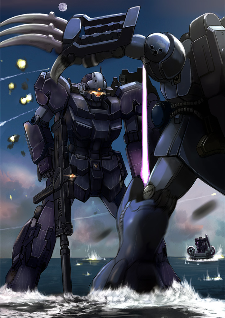 energy_sword explosion gacha-m gun gundam gundam_unicorn holding holding_sword holding_weapon hovercraft jesta mecha moon rifle robot sword vehicle water watercraft weapon zee_zulu
