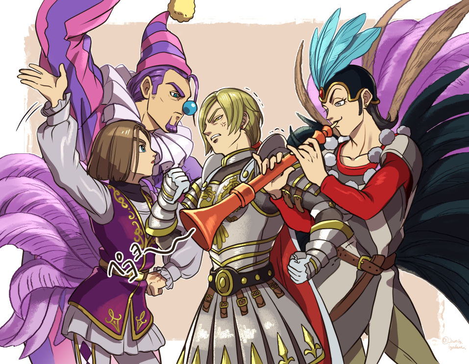 4boys anger_vein angry annoyed arm_up armor black_hair blonde_hair blue_eyes border brown_background brown_hair clenched_hands clenched_teeth clown clown_nose commentary_request cowboy_shot dragon_quest dragon_quest_xi earrings facial_hair feathers green_pants greig_(dq11) grey_eyes hair_over_one_eye hair_slicked_back hero_(dq11) holding holding_instrument homeros_(dq11) instrument instrument_request janis_(hainegom) jewelry knight leggings locked_arms long_hair looking_at_another low_ponytail male_focus medium_hair multiple_boys music official_alternate_costume pants playing_instrument ponytail profile purple_facial_hair purple_hair purple_vest red_shirt shirt striped_clothes striped_jumpsuit stud_earrings sylvia_(dq11) teeth trembling tunic vest white_border white_leggings white_tunic yellow_eyes