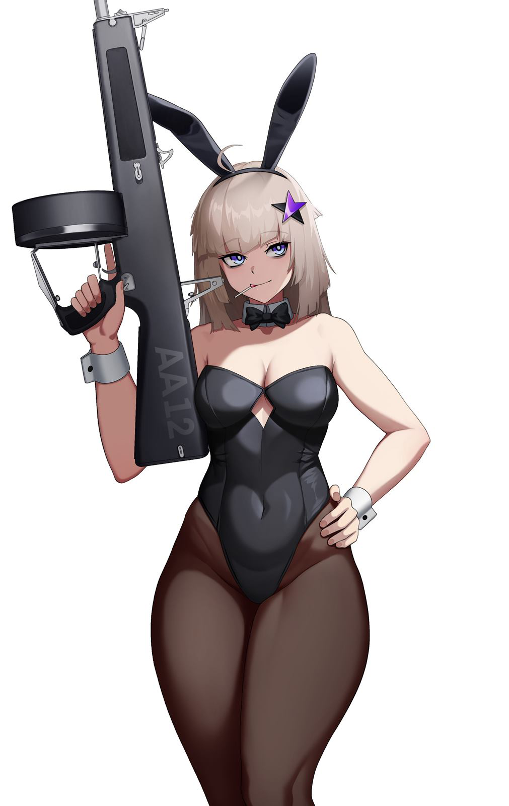1girl aa-12 aa-12_(girls&#039;_frontline) ahoge animal_ears automatic_shotgun black_leotard blonde_hair blue_eyes breasts candy cero_(last2stage) cleavage combat_shotgun commission covered_navel detached_collar drum_magazine fake_animal_ears food food_in_mouth girls&#039;_frontline gun hair_ornament hand_on_own_hip hand_up high-capacity_magazine highres holding holding_weapon leotard lollipop long_hair magazine_(weapon) medium_breasts pantyhose playboy_bunny rabbit_ears shotgun smile solo star_(symbol) star_hair_ornament thick_thighs thighs trigger_discipline weapon