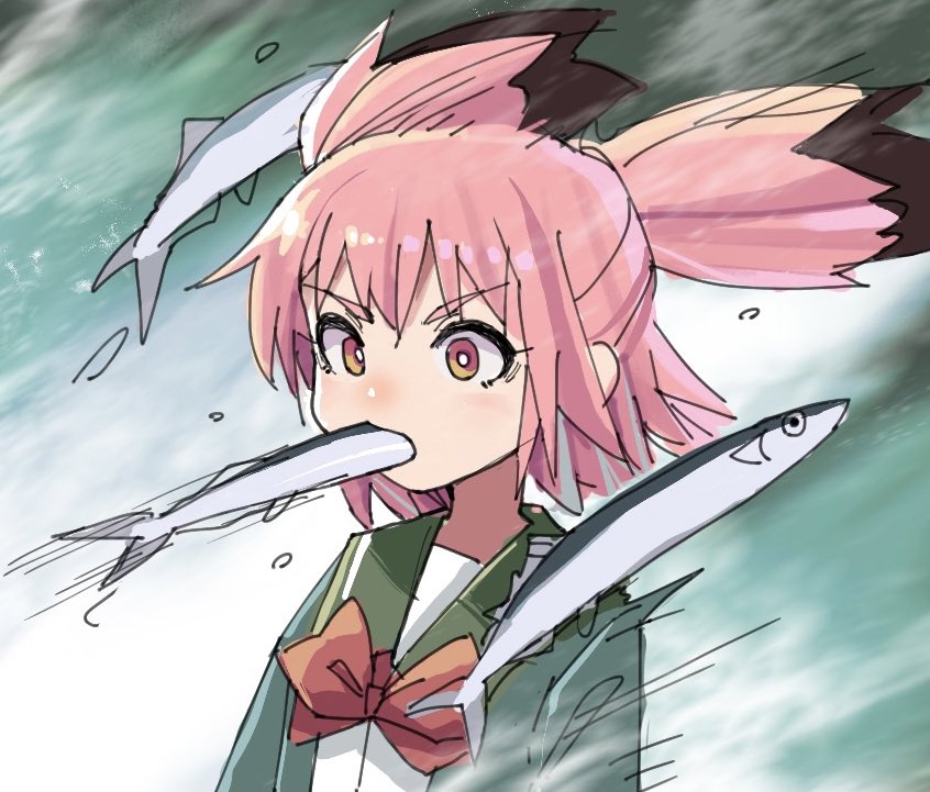 1girl blush brown_hair colored_tips commentary_request fish fish_in_mouth food_in_mouth fur_trim green_jacket hair_between_eyes jacket kantai_collection kunashiri_(kancolle) long_hair long_sleeves mizoki_kei motion_lines multicolored_hair open_mouth orange_eyes pink_hair saury school_uniform short_hair skirt two-tone_hair two_side_up upper_body