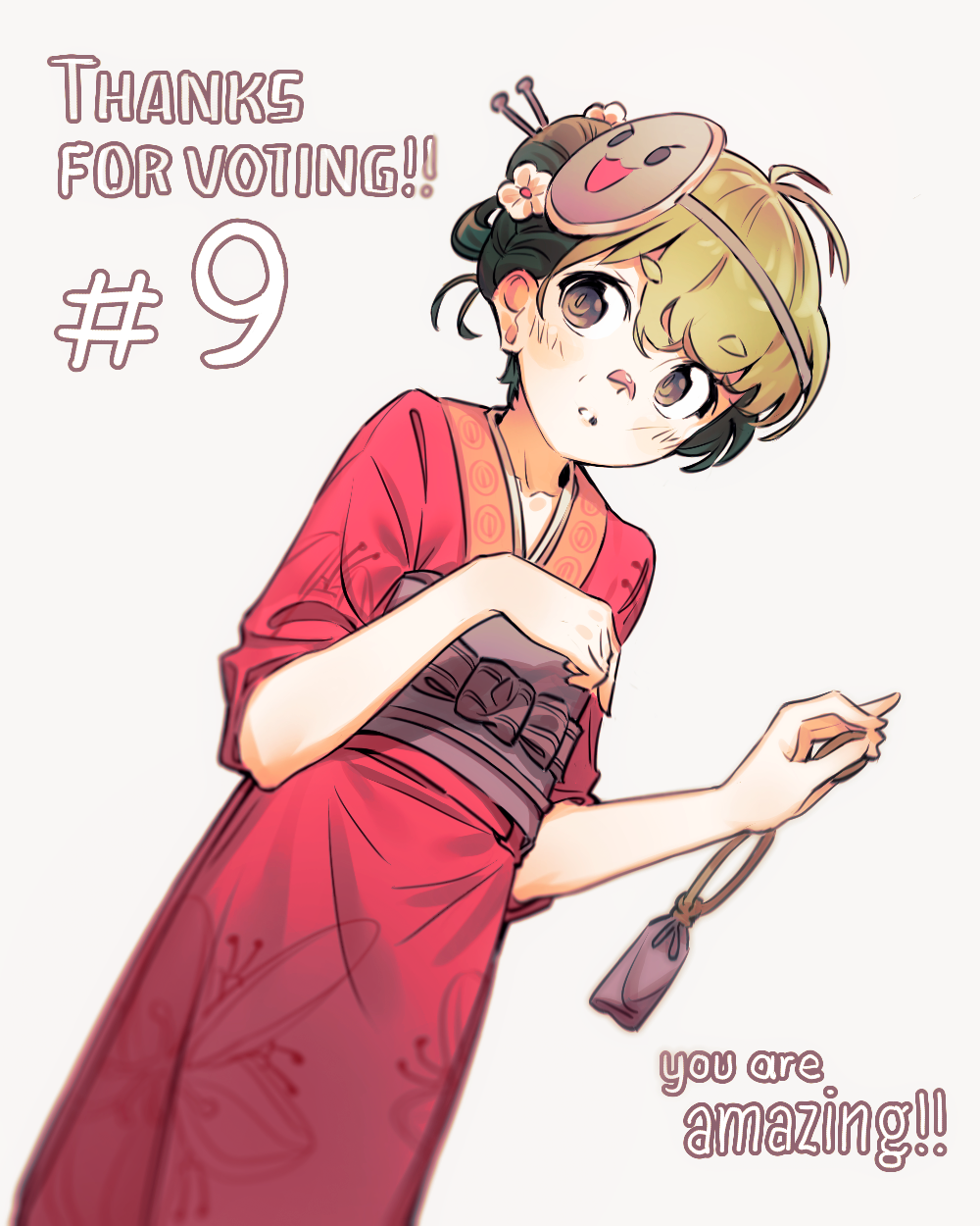 1girl blush commentary english_commentary english_text flower green_hair grey_eyes hair_bun hair_flower hair_ornament hair_stick highres holding japanese_clothes kimono kwms mask mocha_(osu!) osu! red_kimono short_hair simple_background single_hair_bun solo standing taiko_no_tatsujin wada_katsu white_background