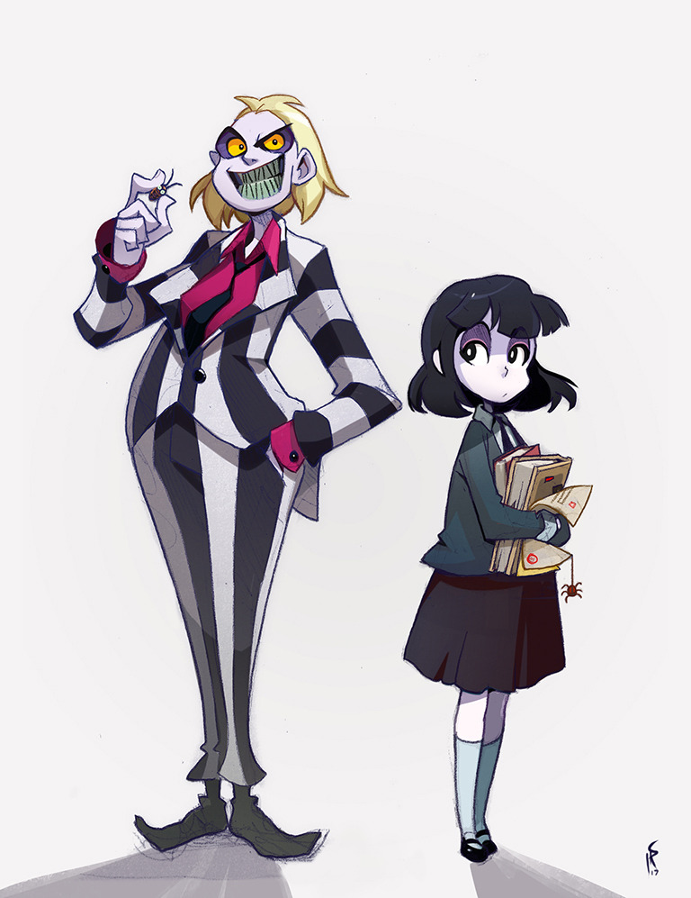 1boy 1girl 2017 artist_logo beetlejuice beetlejuice_(character) black_eyes black_footwear black_hair black_necktie black_skirt blonde_hair blue_socks book bug collared_shirt colored_sclera colored_teeth commentary english_commentary eyeshadow formal_clothes green_teeth grey_background holding holding_book jacket logo looking_at_another looking_at_viewer loose_necktie lydia_deetz makeup medium_hair multicolored_jacket necktie pale_skin pants purple_eyeshadow red_shirt shaun_healey shirt simple_background skirt socks spider string striped_suit suit sweater thighhighs toon_(style) two-tone_jacket two-tone_pants white_shirt yellow_sclera
