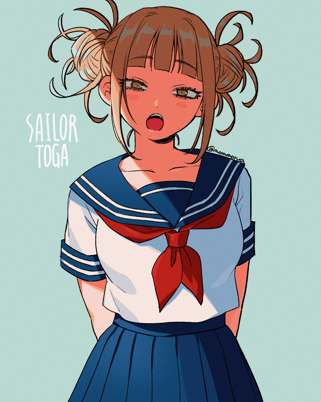 1girl blonde_hair blue_background blue_skirt blunt_bangs boku_no_hero_academia cowboy_shot double_bun english_text hair_bun highres looking_at_viewer messy_hair mommorua open_mouth pleated_skirt school_uniform serafuku sidelocks simple_background skirt solo teeth toga_himiko upper_teeth_only yellow_eyes