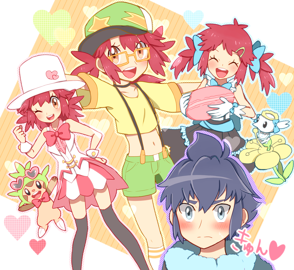 1boy 1girl ako_(ako0905) alain_(pokemon) alternate_costume bespectacled blue_eyes blush brown_eyes chespin flabebe flabebe_(yellow_flower) gen_6_pokemon glasses gloves hat long_hair mairin_(pokemon) nintendo one_eye_closed pokemon pokemon_(anime) pokemon_(creature) purple_hair red_hair short_hair smile wink