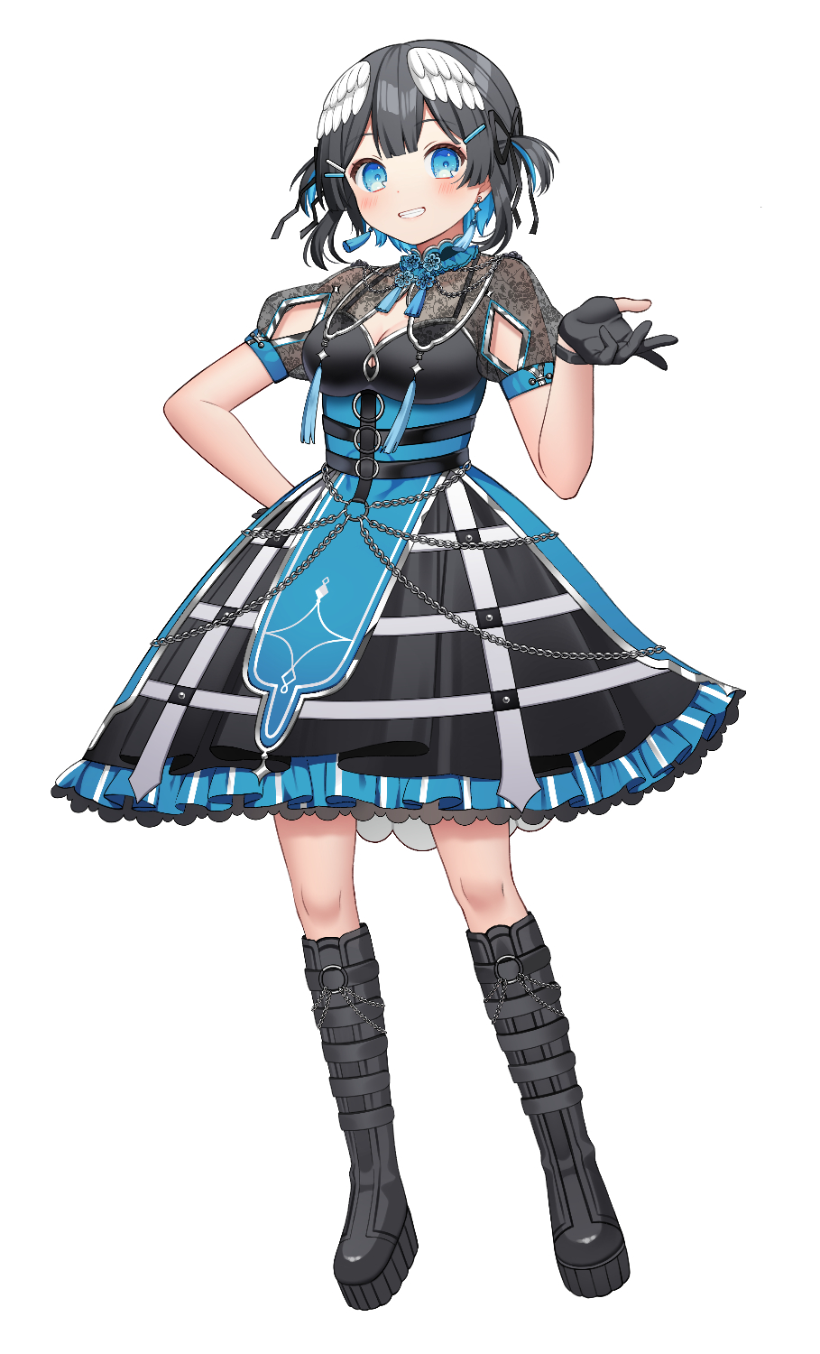 1girl black_boots black_dress black_gloves black_hair black_ribbon blue_eyes blue_hair blush boots breasts cleavage commentary_request dress feathered_wings frilled_dress frills full_body gloves grin hair_ornament hair_ribbon hairclip hand_on_own_hip hand_up head_wings highres indie_virtual_youtuber knee_boots kurata_rine kurata_rine_(vtuber) looking_at_viewer medium_breasts multicolored_hair partially_fingerless_gloves puffy_short_sleeves puffy_sleeves ribbon short_sleeves simple_background smile solo standing two-tone_hair two_side_up virtual_youtuber white_background white_wings wings