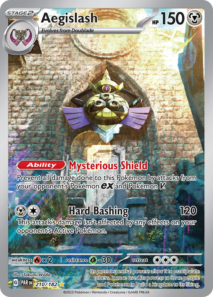 aegislash artist_name card_(medium) character_name company_name copyright_name copyright_notice doublade english_text floating gen_6_pokemon holding holding_shield lens_flare nintendo no_humans official_art one-eyed pokemon pokemon_(creature) pokemon_card pokemon_focus pokemon_tcg shield solo takumi_wada third-party_source trading_card