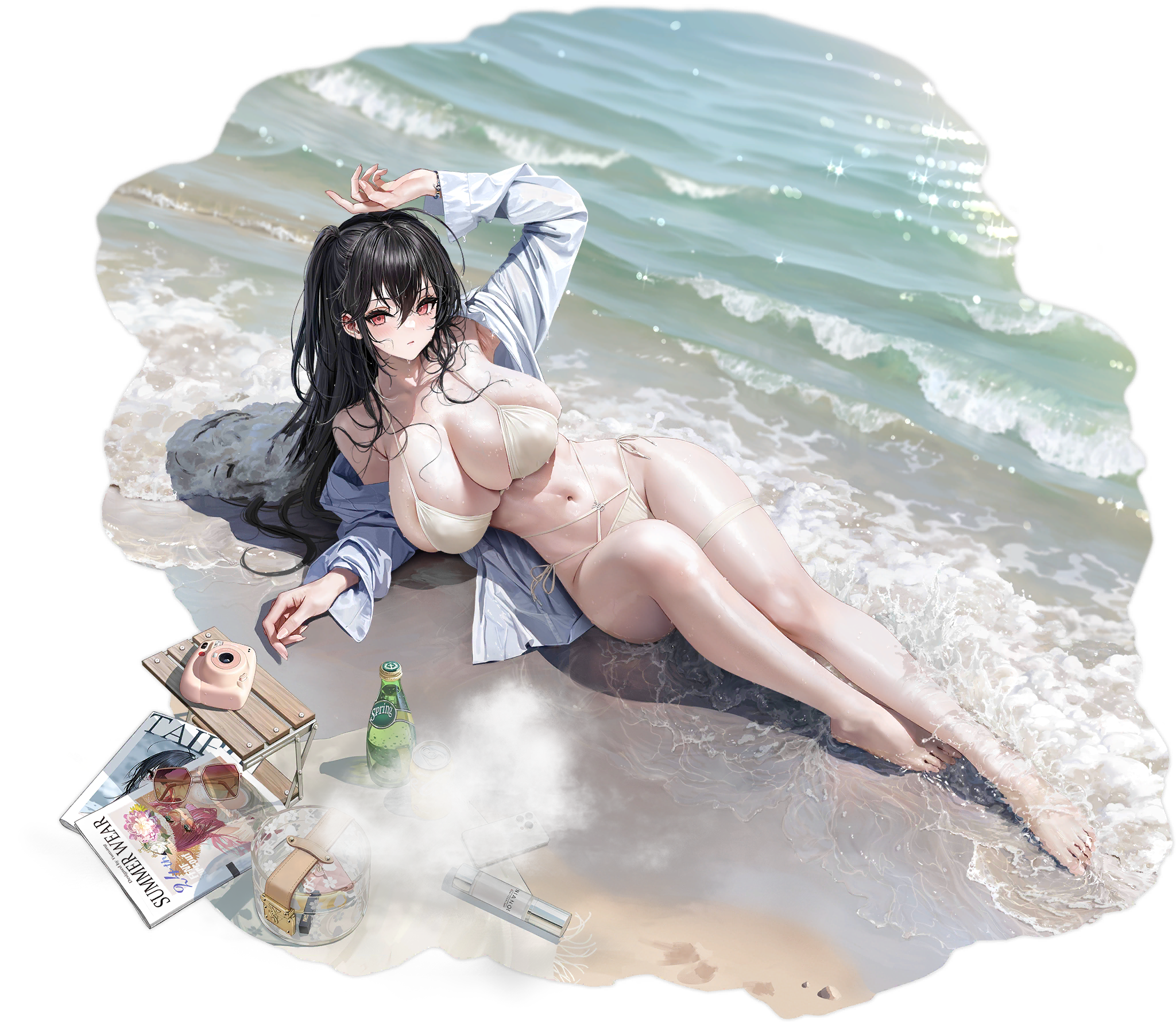1girl ahoge arm_up azur_lane bare_shoulders barefoot beach bikini black_hair blush bottle breasts cellphone cleavage collarbone feet full_body hair_between_eyes highres huge_breasts iphone legs long_hair long_sleeves looking_at_viewer lying messy_hair navel non-web_source ocean off_shoulder official_alternate_costume official_art on_back one_side_up open_clothes open_shirt outdoors phone red_eyes sand shirt side-tie_bikini_bottom sideboob skindentation smartphone stomach string_bikini surcouf_(azur_lane) surcouf_(loisirs_balneaires)_(azur_lane) swimsuit taihou_(azur_lane) taihou_(seaside_daydreams)_(azur_lane) thigh_strap thighs toes tree very_long_hair water wet wet_clothes wet_shirt white_bikini white_shirt yunsang