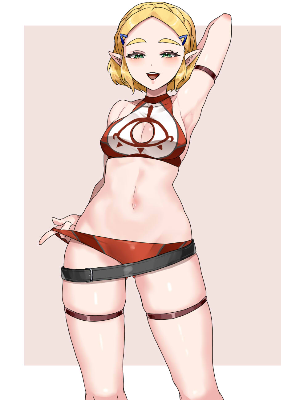 1girl :d arm_behind_head arm_strap armpits belt bikini bikini_bottom_pull black_belt blonde_hair braid breasts cleavage cleavage_cutout clothing_cutout commentary crown_braid hair_ornament hairclip highres medium_breasts navel nintendo open_mouth parted_bangs princess_zelda red_bikini short_hair simple_background smile solo swimsuit the_legend_of_zelda the_legend_of_zelda:_tears_of_the_kingdom thigh_strap wasabi_(legemd) yiga_clan