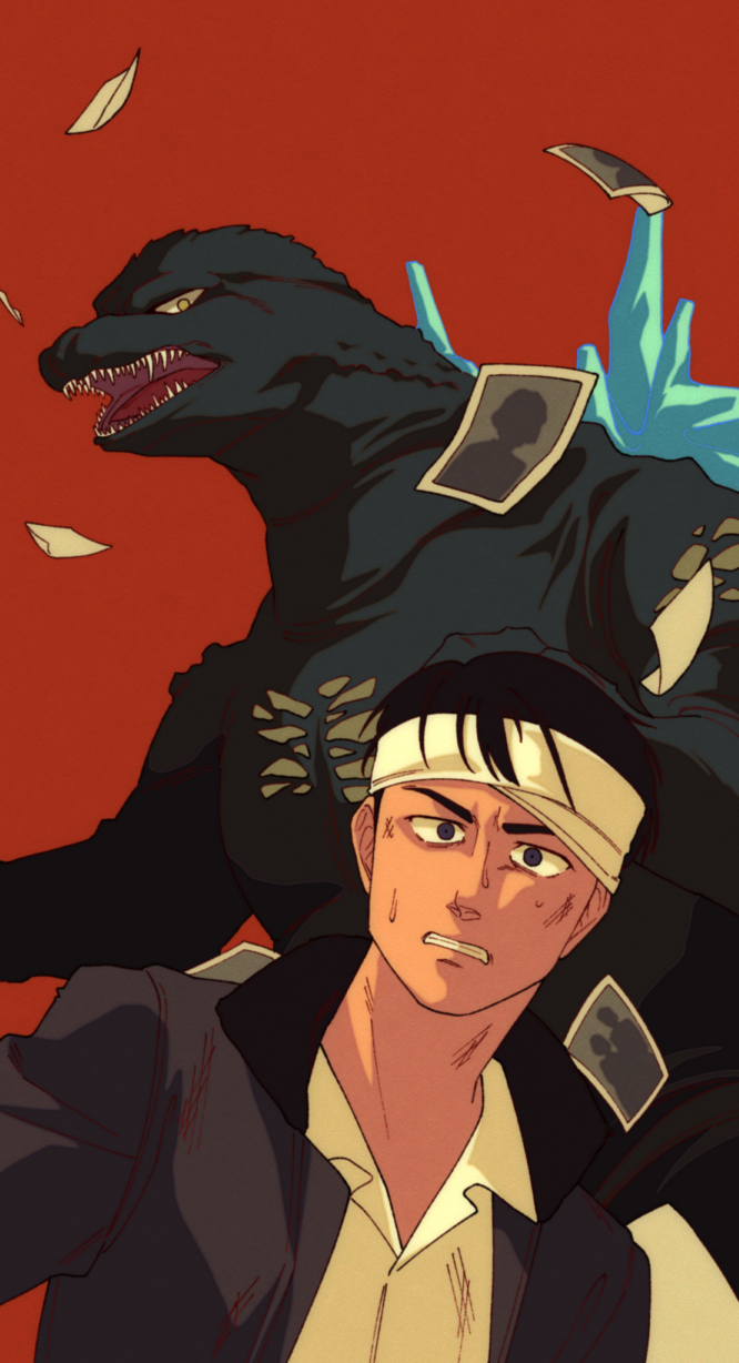 1boy angry bandaged_head bandages black_hair blue_eyes dinosaur giant giant_monster glowing glowing_spikes godzilla godzilla_(series) godzilla_minus_one hasemil_hase highres jacket kaiju looking_at_viewer looking_down looking_sideways monster nervous open_clothes open_jacket open_mouth photo_(object) red_background scared sharp_teeth shikishima_koichi shirt simple_background spikes sweat teeth toho tongue white_shirt yellow_eyes