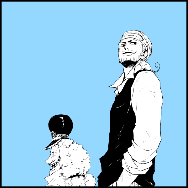 1boy 1girl ^_^ bandaged_head bandages beard_stubble blue_background closed_eyes collared_shirt commentary_request erina_(canaliheath) facial_hair greyscale_with_colored_background hand_in_pocket hat iceburg kokoro_(one_piece) mouse_(animal) on_shoulder one_piece shirt short_hair simple_background smile stubble tyrannosaurus_(one_piece)