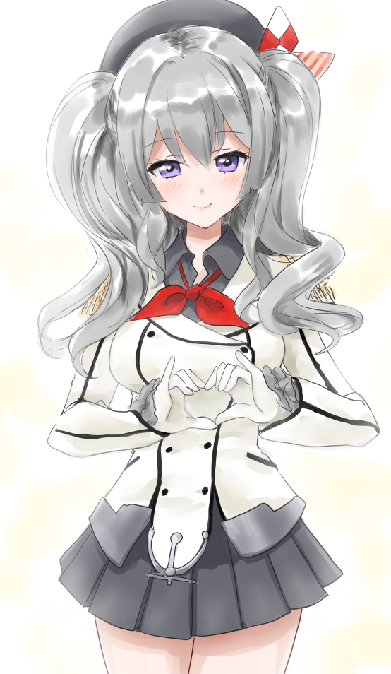 1girl blue_eyes breasts collared_shirt cowboy_shot epaulettes frilled_sleeves frills gloves grey_hair grey_jacket grey_shirt grey_skirt heart heart_hands jacket kantai_collection kashima_(kancolle) kitagawa_mikio large_breasts long_hair looking_at_viewer military_uniform neckerchief pleated_skirt red_neckerchief shirt simple_background skirt smile solo twintails twitter_username wavy_hair white_background white_gloves