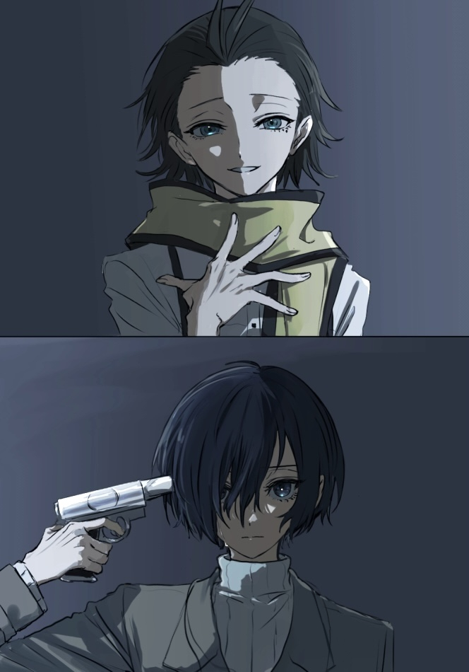 black_hair blue_eyes closed_mouth commentary evoker grey_jacket gun gun_to_head hair_between_eyes hair_over_one_eye handgun holding holding_weapon jacket long_sleeves male_focus mochizuki_ryouji parted_lips persona persona_3 ribbed_sweater scarf shirt sweater symbol-only_commentary tamaon_2525 turtleneck turtleneck_sweater upper_body weapon white_shirt yuuki_makoto_(persona_3)