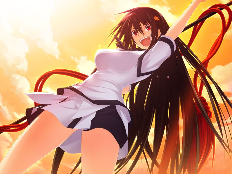 1girl :d arm_up black_hair black_skirt cloud day floating_hair flower from_below game_cg hair_flower hair_ornament hazakura_seiso holding kawagishi_keitarou kawakami_academy_school_uniform long_hair maji_de_watashi_ni_koi_shinasai! miniskirt open_mouth outdoors red_eyes school_uniform shirt short_sleeves skirt sky smile solo sunset sweater sweater_vest two-tone_skirt v-shaped_eyebrows very_long_hair white_shirt white_skirt white_sweater yellow_flower yellow_sky