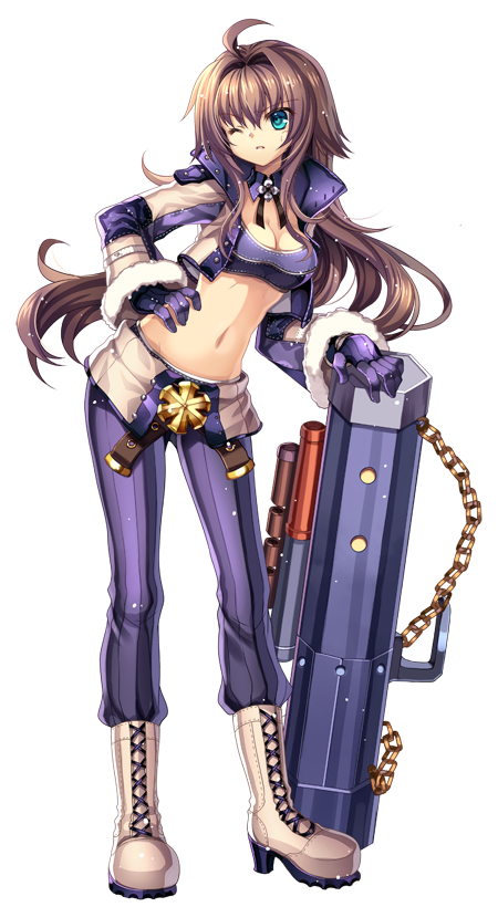 1girl ahoge blue_eyes boots breasts brown_hair capura_lin chain cleavage clenched_teeth crop_top cropped_jacket full_body fur-trimmed_sleeves fur_trim gloves gunslinger_(ragnarok_online) hair_intakes hand_on_own_hip holding holding_weapon jacket lace-up_boots large_variant_set leaning_forward long_hair long_sleeves looking_afar medium_breasts navel official_art one_eye_closed open_clothes open_jacket pants purple_gloves purple_jacket purple_pants purple_sports_bra ragnarok:_guild_masters ragnarok_online rocket_launcher simple_background solo sports_bra standing teeth transparent_background variant_set weapon white_boots
