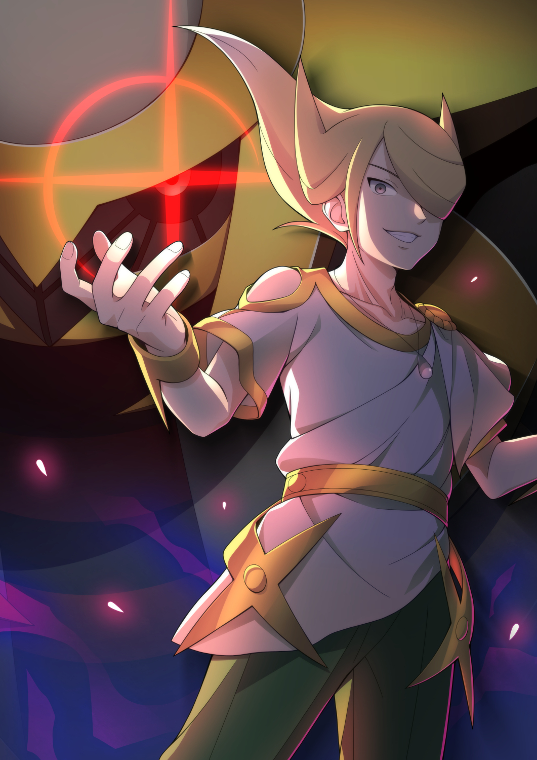 1boy blonde_hair bracelet commentary_request game_freak gen_4_pokemon giratina green_pants grey_eyes grin hair_over_one_eye highres jewelry legendary_pokemon male_focus nintendo pants pokemon pokemon_(creature) pokemon_legends:_arceus shirt short_sleeves smile taba_neruko teeth volo_(pokemon) white_shirt
