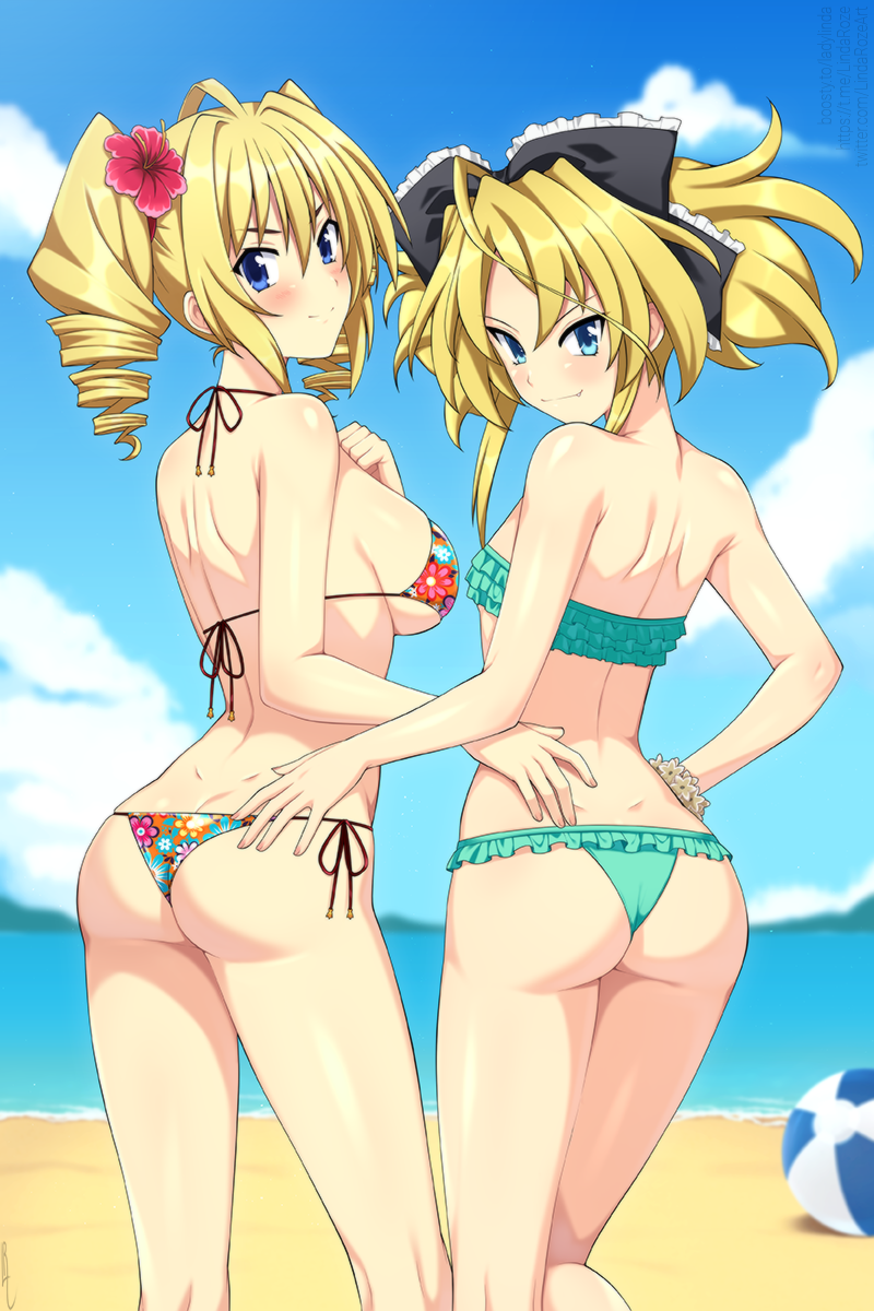 2girls ass ball bare_arms bare_shoulders beach beachball bikini blonde_hair blue_eyes blue_sky blush breasts closed_mouth cloud commentary day dimples_of_venus drill_hair english_commentary fang fang_out feet_out_of_frame floral_print_bikini flower frilled_bikini frills from_behind green_bikini hair_between_eyes hair_flower hair_ornament hand_on_another&#039;s_hip hand_on_own_chest hibiscus high_school_dxd highres large_breasts lindaroze looking_at_viewer looking_back mittelt multiple_girls ocean outdoors paid_reward_available ravel_phenex red_flower ruffle_bikini shore side-tie_bikini_bottom sky small_breasts smile split_mouth standing string_bikini swimsuit twin_drills water