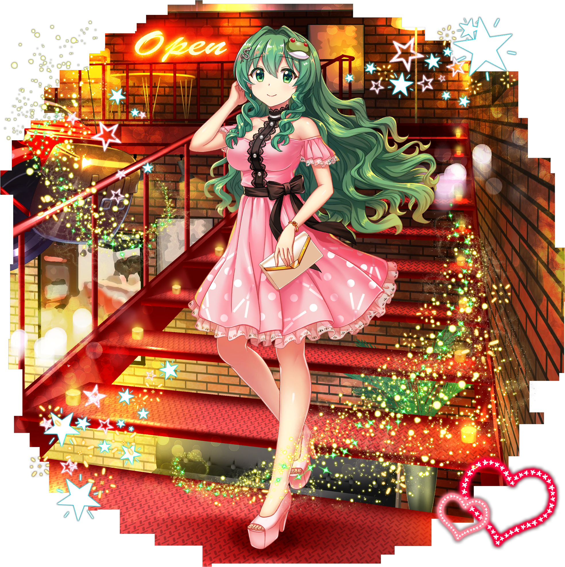 1girl adjusting_hair alternate_costume alternate_hairstyle bag bare_arms bare_legs bare_shoulders blush bow bracelet breasts brick_wall brown_bow brown_sash candle closed_mouth clutch_purse collarbone dress frilled_dress frills frog_hair_ornament full_body game_cg green_eyes green_hair hair_between_eyes hair_ornament heart high_heels highres holding holding_bag indoors jewelry kochiya_sanae kochiya_sanae_(nighttime_breath_of_fresh_air) legs long_hair looking_at_viewer neon_lights nightclub official_art pink_dress pleated_dress pocketbook railing ringlets rotte_(1109) sash short_dress short_sleeves sidelocks smile snake_hair_ornament solo stairs star_(symbol) third-party_source toes touhou touhou_lostword transparent_background very_long_hair walking wavy_hair