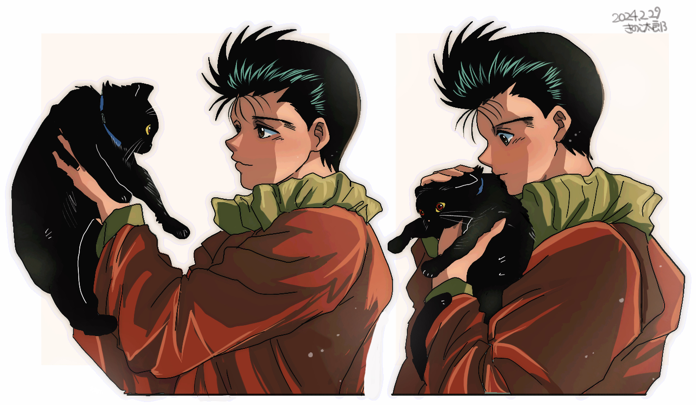 1boy animal black_cat black_hair cat commentary_request cropped_torso dated hiei4455 holding holding_animal holding_cat jacket male_focus petting profile red_jacket shirt short_hair smile upper_body urameshi_yusuke white_background yuu_yuu_hakusho