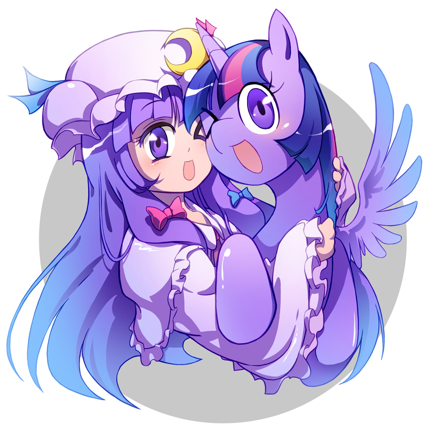 &gt;_o 1girl ;d cheek-to-cheek crossover hat heads_together horns hug long_hair looking_at_viewer mob_cap my_little_pony my_little_pony:_friendship_is_magic one_eye_closed open_mouth patchouli_knowledge pony_(animal) purple_eyes purple_hair single_horn smile touhou twilight_sparkle white_background xin_yu_hua_yin zxyon2008