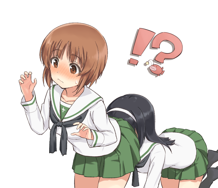 !? 2girls anglerfish black_hair black_neckerchief black_socks blouse blush brown_eyes brown_hair closed_mouth emblem female_pervert fish frown girls_und_panzer green_skirt hairband head_on_ass kneehighs kneeling leaning_forward long_hair long_sleeves miniskirt multiple_girls neckerchief nishizumi_miho ooarai_school_uniform pervert pleated_skirt reizei_mako school_uniform serafuku shikou_sakugo_(qqap9gt9k) shirt short_hair simple_background skirt socks standing surprised sweatdrop white_background white_hairband white_shirt