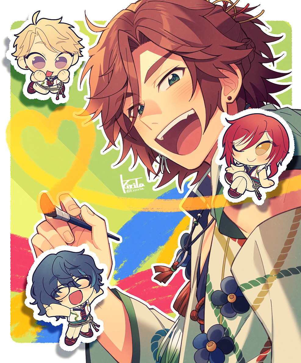 4boys aoba_tsumugi blonde_hair blue_hair border braid chibi crossed_legs drawing_on_fourth_wall earrings ensemble_stars! green_eyes happy holding holding_brush jewelry kiri_futoshi looking_at_viewer male_focus mikejima_madara multiple_boys narukami_arashi open_mouth pants purple_eyes red_hair sakasaki_natsume teeth upper_teeth_only white_border white_pants