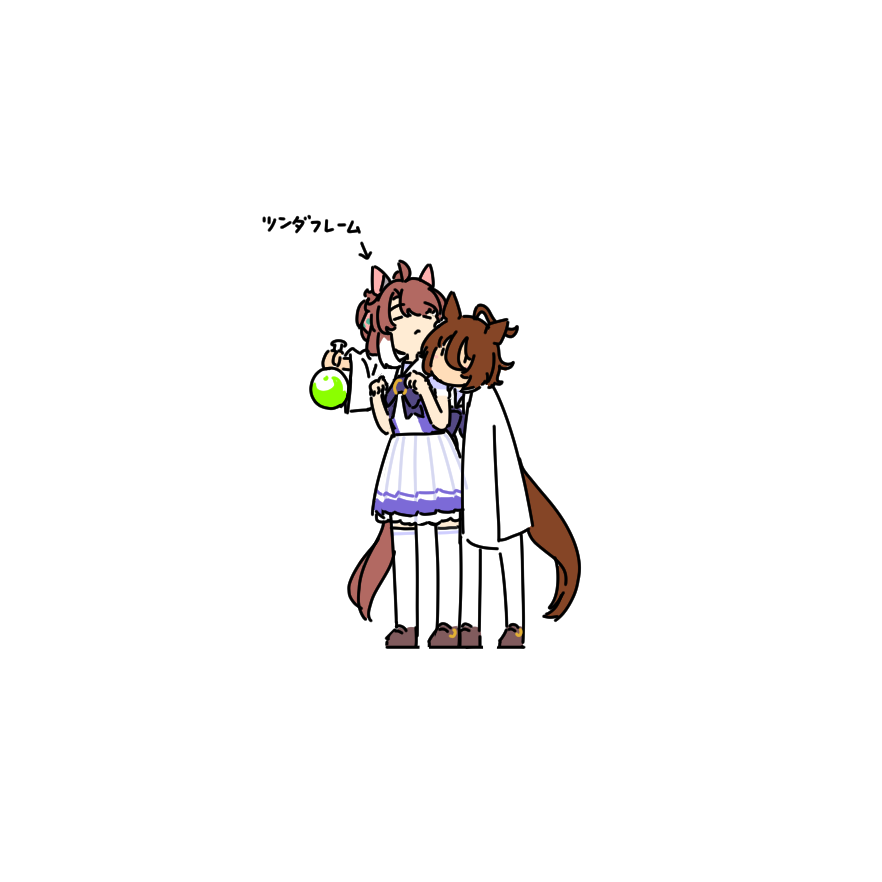 2girls agnes_tachyon_(umamusume) ahoge animal_ears bow bowtie brown_footwear brown_hair commentary_request dantsu_flame_(umamusume) deformed ear_covers earrings flask holding holding_flask horse_ears horse_girl horse_tail jewelry kashinoki_(koaaski) lab_coat loafers long_sleeves medium_hair multicolored_hair multiple_girls no_mouth pleated_skirt pun purple_bow purple_bowtie purple_shirt round-bottom_flask sailor_collar sailor_shirt school_uniform shirt shoes short_sleeves single_earring sketch skirt sleeves_past_fingers sleeves_past_wrists tail thighhighs tracen_school_uniform two-tone_hair umamusume white_hair white_skirt white_thighhighs wolf_cut |_|