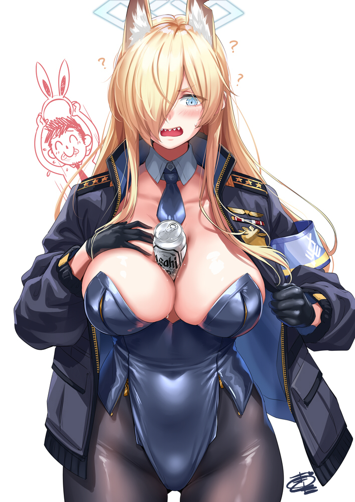 1boy 1girl ? adapted_costume animal_ear_fluff animal_ears armband blonde_hair blue_archive blue_armband blue_halo blush breasts can_between_breasts cleavage dog_ears dog_girl doodle_sensei_(blue_archive) extra_ears hair_over_one_eye halo jacket kanna_(blue_archive) large_breasts leotard long_hair notched_ear okitakung pantyhose police police_uniform policewoman rabbit_ears sensei_(blue_archive) sharp_teeth teeth