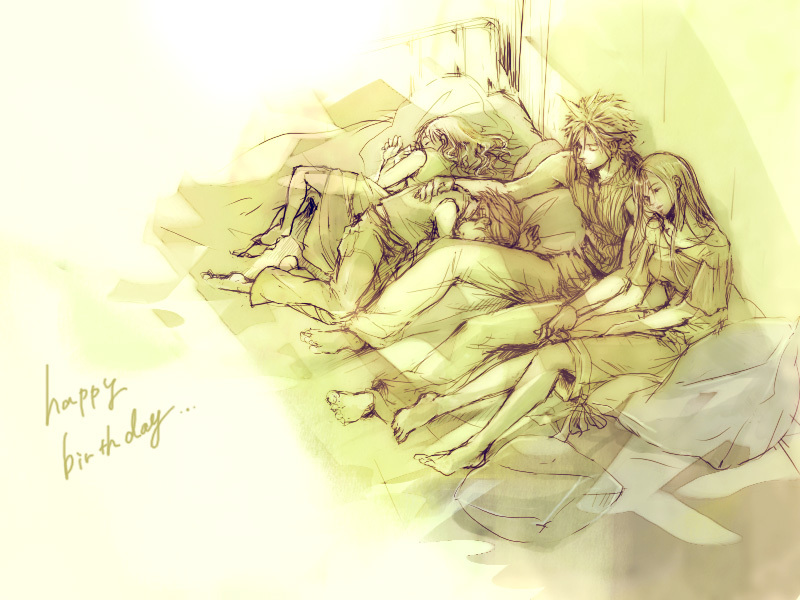 00s 1990s_(style) 2boys 2girls barefoot cloud_strife denzel_(ff7) family final_fantasy final_fantasy_vii final_fantasy_vii_advent_children happy_birthday long_hair marlene marlene_wallace monochrome multiple_boys multiple_girls niko_(silent.whitesnow) retro_artstyle sleeping tifa_lockhart yellow_theme