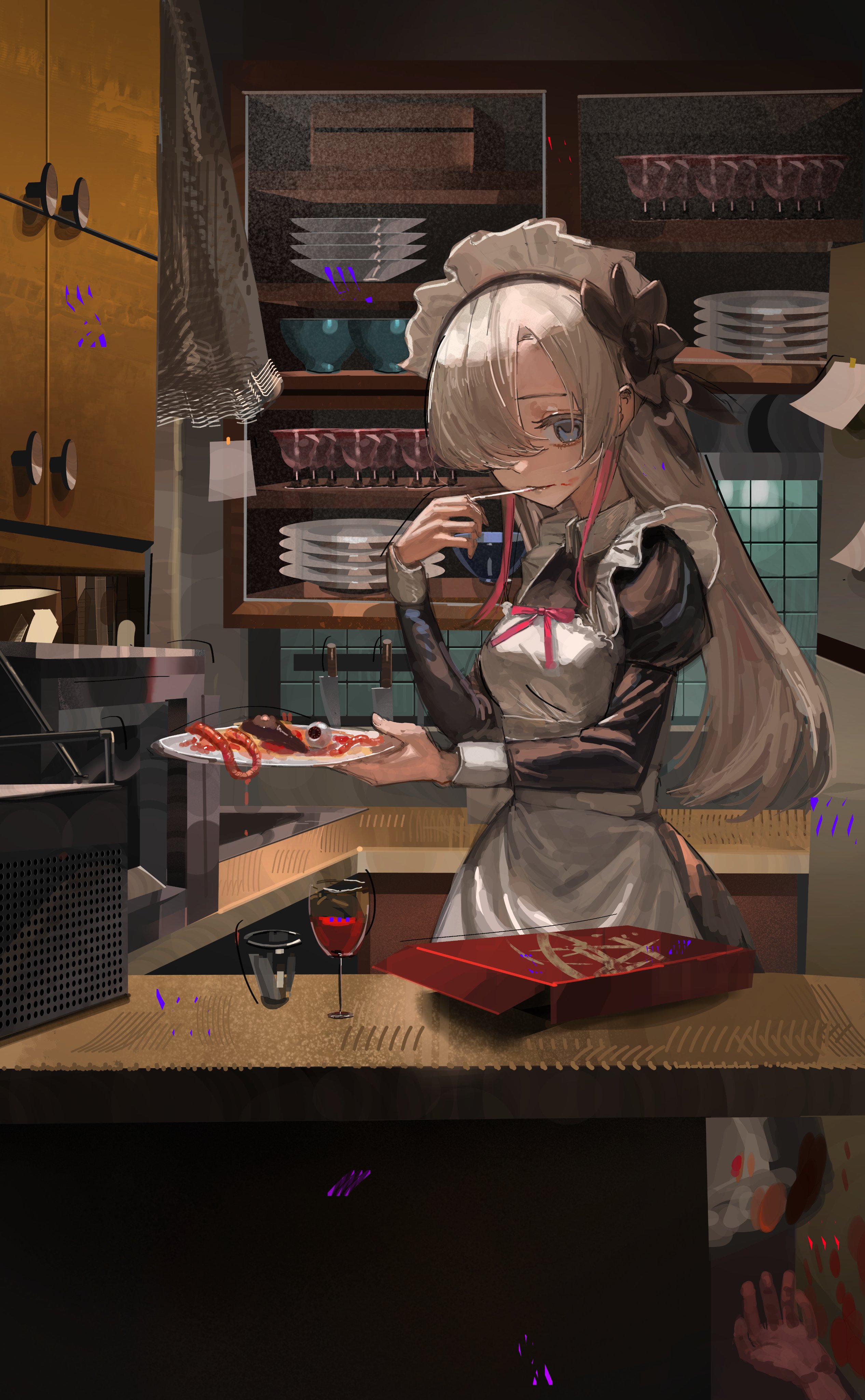 1girl absurdres alternate_costume apron asymmetrical_bangs black_dress blood blood_on_face blood_trail blue_eyes bowl box collared_dress commentary corpse cup dress drinking_glass eating empty_eyes enmaided eyeball eyelashes flower frilled_apron frills grey_hair hair_flower hair_ornament hair_over_one_eye highres holding holding_plate holding_spoon horror_(theme) iinagi_(kashiwa_keira) indoors isekaijoucho juliet_sleeves kamitsubaki_studio kitchen knife long_hair long_sleeves maid maid_apron maid_headdress microwave one_eye_covered plate puffy_sleeves radio red_streaks refrigerator solo spoon standing sticky_note three_quarter_view virtual_youtuber watercolor_effect white_apron white_sleeve_cuffs wing_collar
