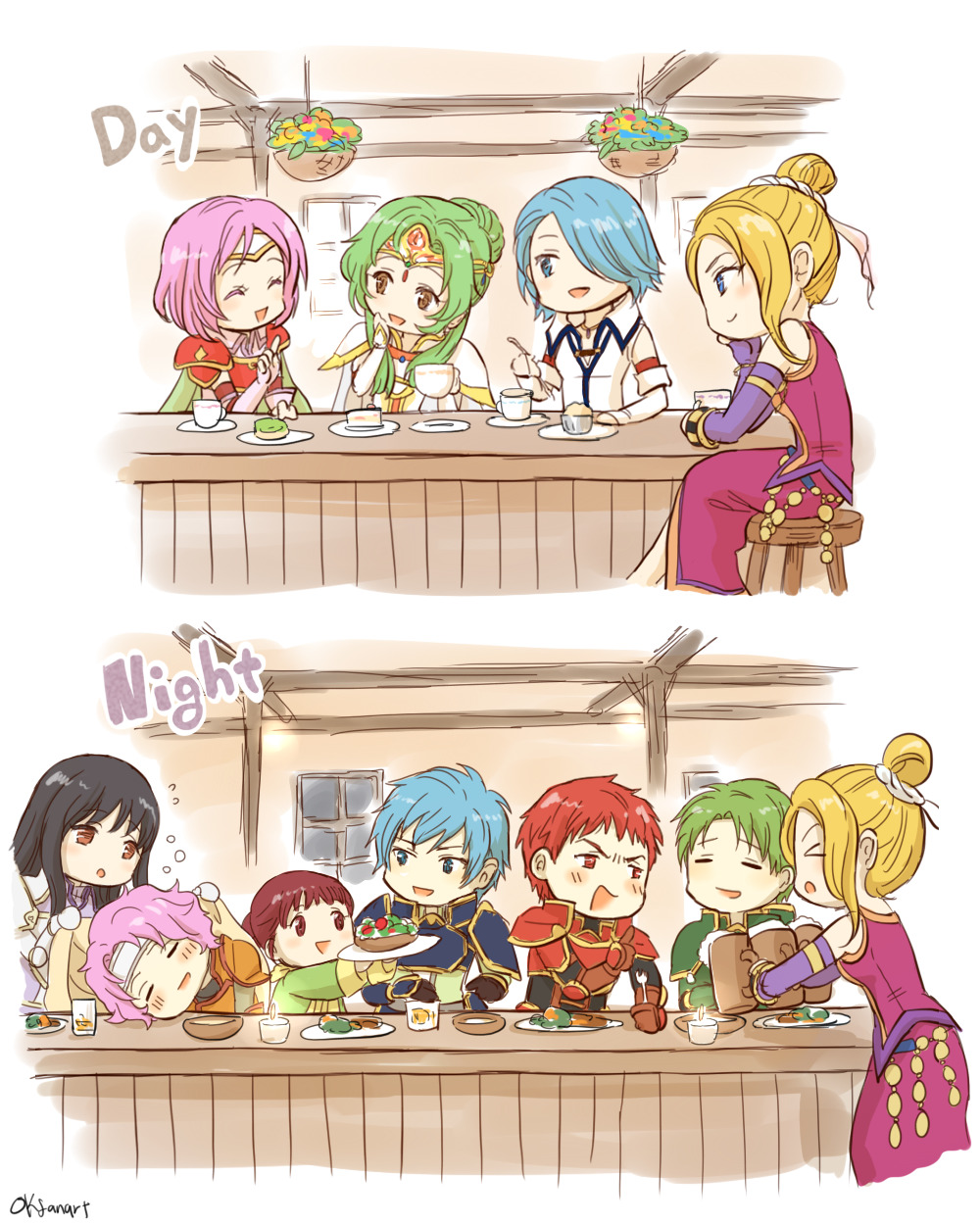 4boys 6+girls amy_(fire_emblem) armor astrid_(fire_emblem) bar_(place) blonde_hair blue_armor blue_eyes blue_hair calill_(fire_emblem) day elincia_ridell_crimea fire_emblem fire_emblem:_radiant_dawn geoffrey_(fire_emblem) green_hair highres kieran_(fire_emblem) lucia_(fire_emblem) makalov_(fire_emblem) marcia_(fire_emblem) multiple_boys multiple_girls night nintendo okfanart oscar_(fire_emblem) pink_hair red_eyes red_hair wooden_stool
