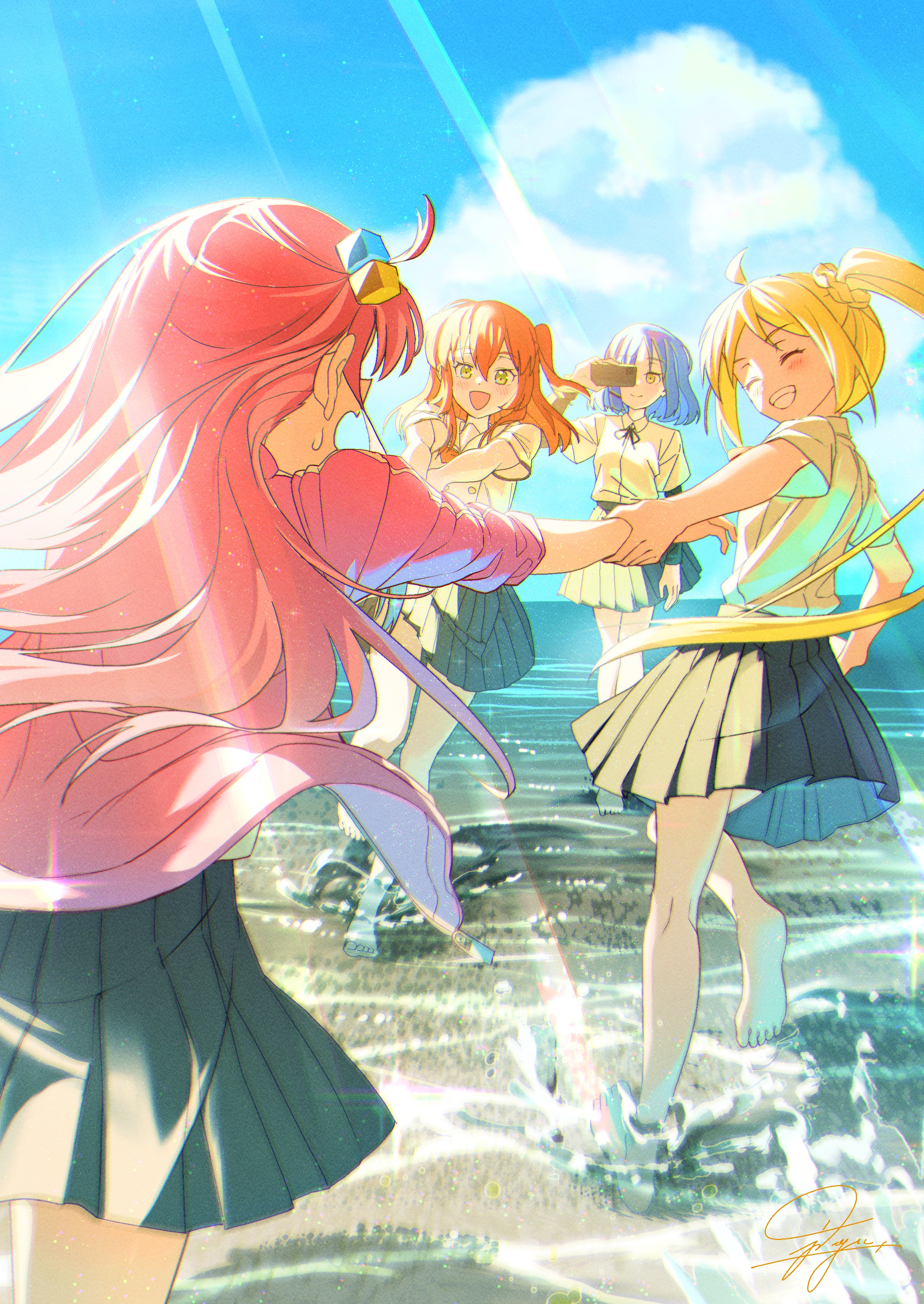 4girls :d ^_^ absurdres ahoge barefoot blonde_hair blue_hair blue_sky bocchi_the_rock! camcorder closed_eyes cloud commentary cube_hair_ornament day english_commentary gotoh_hitori green_eyes grin hair_ornament highres holding_another's_wrist ijichi_nijika jacket jdge kita_ikuyo light_rays long_hair multiple_girls one_side_up open_clothes open_jacket open_mouth orange_hair outdoors pink_hair pink_jacket pleated_skirt short_hair side_ponytail signature skirt sky smile sunbeam sunlight video_camera wading water yamada_ryo yellow_eyes