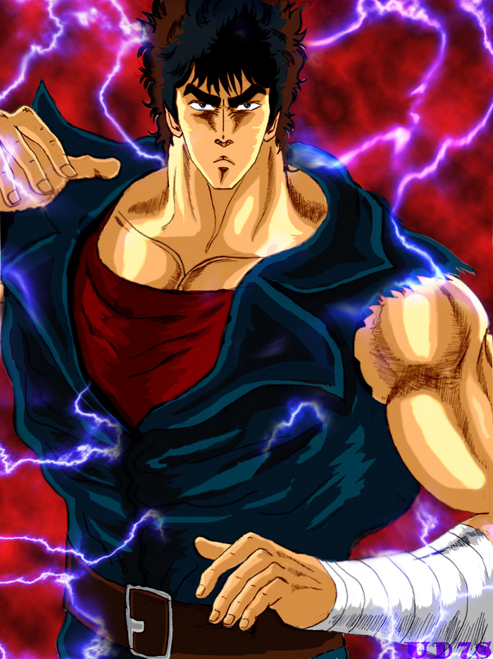 1boy arm_warmers belt big_dipper blue_jacket denim fighting_stance hokuto_no_ken jacket jeans kenshiro looking_at_viewer male_focus man_face manly multicolored_hair muscular muscular_male pants red_shirt shirt single_arm_warmer single_bracer solo solo_focus sparks thick_eyebrows