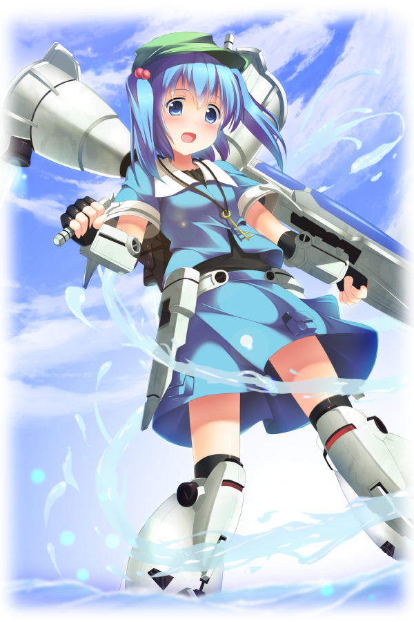 1girl aqua_eyes aqua_hair female_focus gundam gundam_0083 gundam_gp-01_full_vernian_zephyranthes hat kawashiro_nitori mecha_musume nekomushi solo thighhighs touhou twintails two_side_up