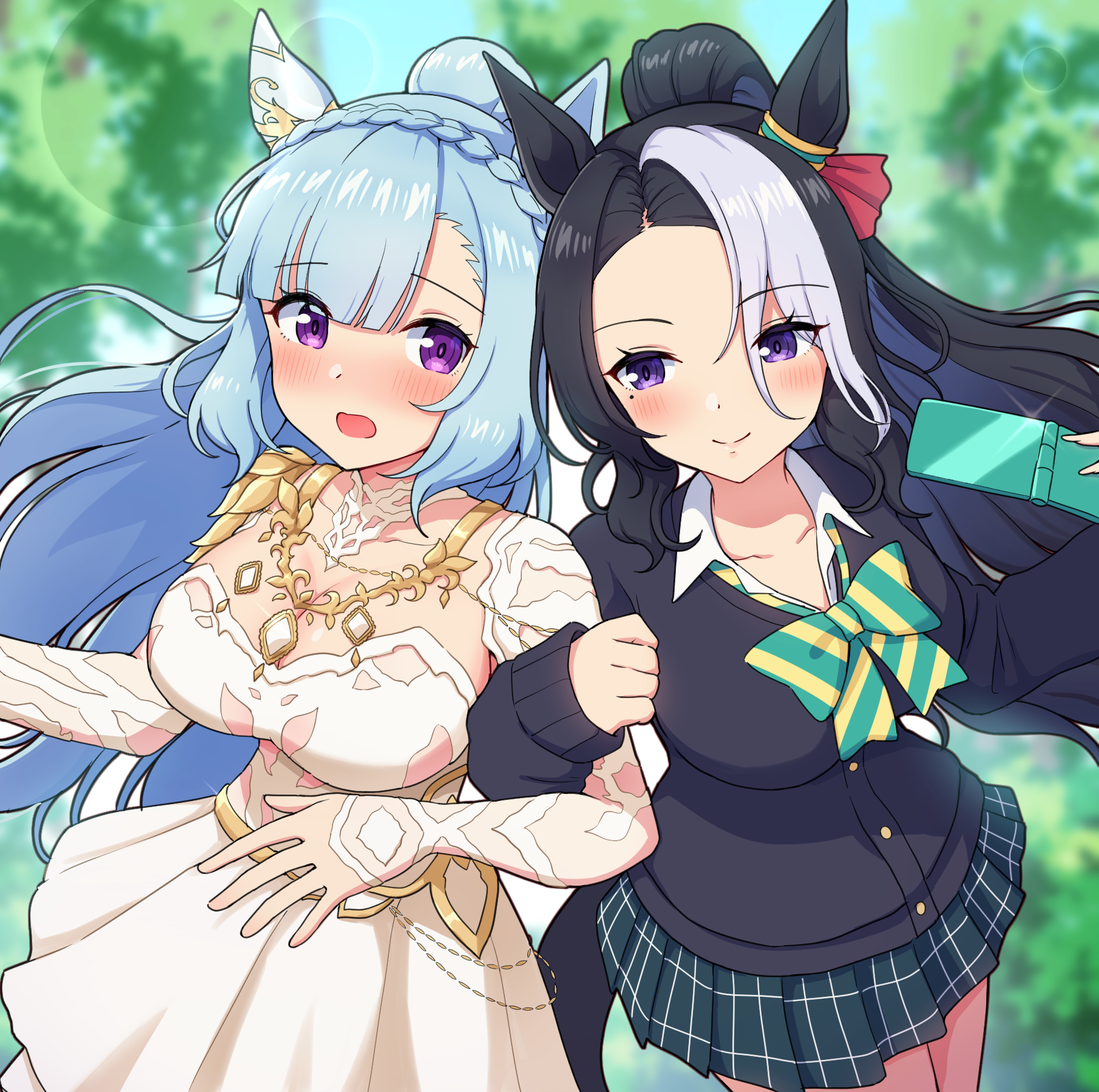 2girls animal_ears black_cardigan black_hair black_skirt blue_hair blue_sky blurry blurry_background blush braid breasts cardigan cellphone cleavage closed_mouth collared_shirt commentary_request cosplay crown_braid day depth_of_field dress dress_shirt flip_phone grey_hair highres holding holding_phone horse_ears large_breasts locked_arms long_hair long_sleeves mejiro_ardan_(umamusume) mejiro_ardan_(umamusume)_(cosplay) mejiro_ramonu_(umamusume) mejiro_ramonu_(umamusume)_(cosplay) mejiro_ramonu_(untouchable_eden)_(umamusume) multicolored_hair multiple_girls open_mouth outdoors phone pleated_skirt ponytail puffy_long_sleeves puffy_sleeves purple_eyes revision shirt skirt sky sleeves_past_wrists smile takiki tree two-tone_hair umamusume very_long_hair white_dress white_shirt