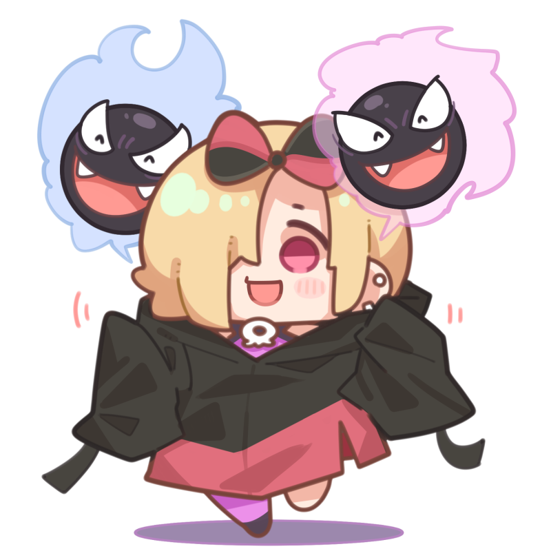 1girl :d black_hoodie blonde_hair cosplay earrings full_body gastly gen_1_pokemon hood hood_down hoodie iono_(pokemon) iono_(pokemon)_(cosplay) jewelry long_sleeves nintendo open_mouth pink_eyes pokemon pokemon_(creature) pokemon_sv shirasaka_koume simple_background smile solo standing standing_on_one_leg takato_kurosuke white_background