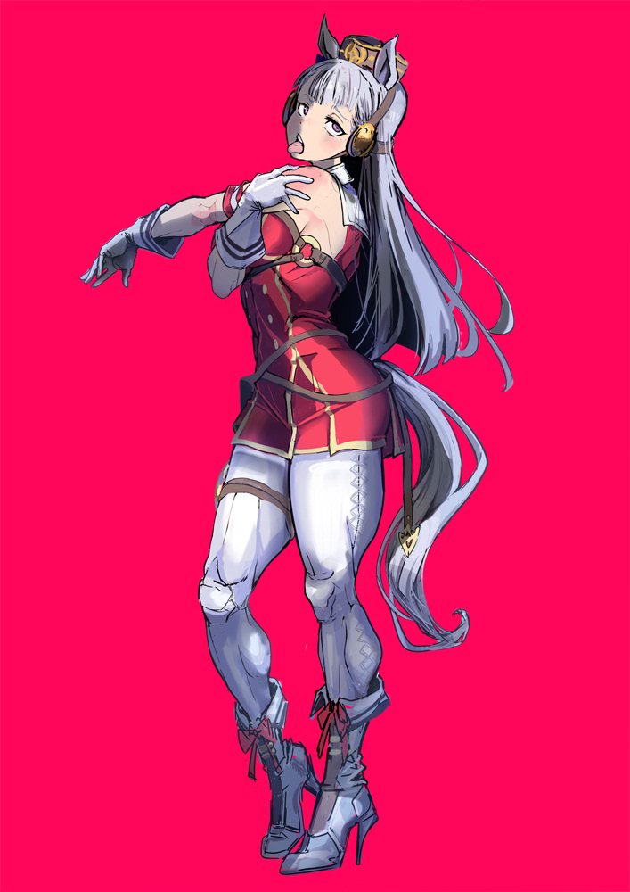 1girl animal_ears blunt_bangs boots commentary_request dress gold_ship_(umamusume) grey_hair high_heel_boots high_heels horse_ears horse_girl horse_tail long_hair muscular pantyhose red_dress sleeveless sleeveless_dress solo stretching tail take_nii tongue tongue_out umamusume very_long_hair