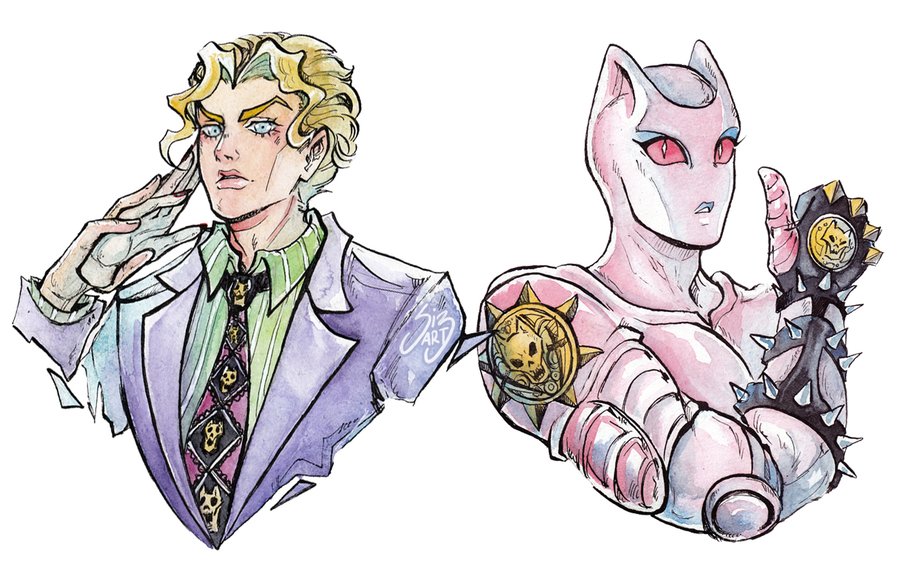 1boy 1other animal_ears black_gloves blonde_hair blue_eyes cat_ears cheekbones collared_shirt colored_sclera commentary cropped_torso diamond_wa_kudakenai english_commentary formal_clothes gloves green_shirt holding_hands jacket jojo_no_kimyou_na_bouken killer_queen kira_yoshikage male_focus necktie painting_(medium) pinstripe_pattern pinstripe_shirt purple_jacket red_sclera shirt si3art signature slit_pupils spikes stand_(jojo) striped_clothes striped_shirt suit traditional_media upper_body vertical-striped_clothes vertical-striped_shirt watercolor_(medium) white_background