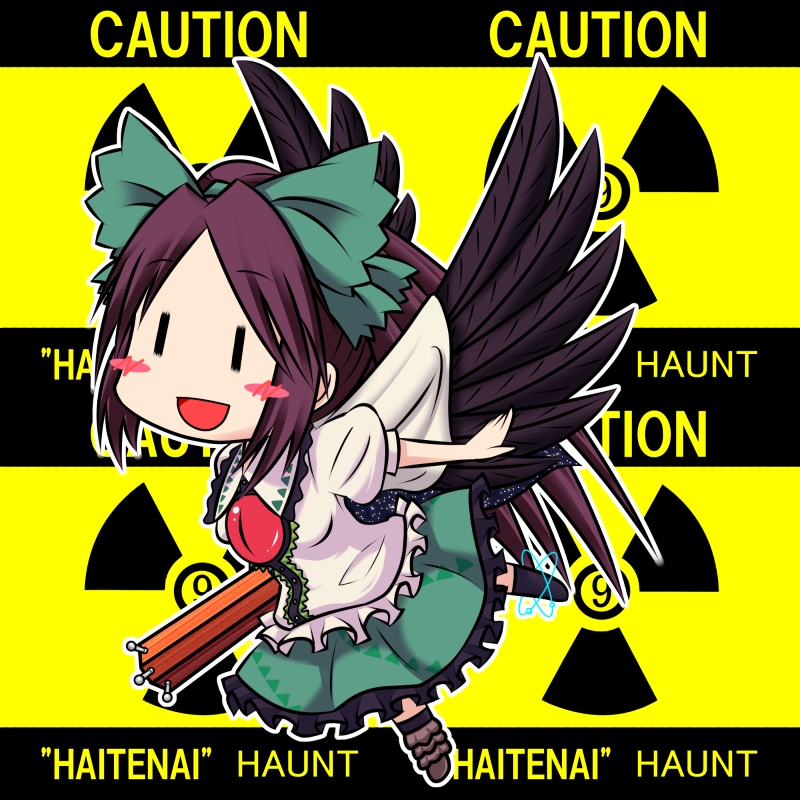 1girl :d arm_cannon asymmetrical_footwear atom bird_wings black_socks black_wings blouse blush_stickers bow brown_hair buttons cape caution center_frills circled_9 collared_shirt commentary_request control_rod_(touhou) frilled_shirt_collar frilled_skirt frills green_bow green_skirt hair_bow kneehighs long_hair mari-itachidosi mismatched_footwear open_mouth puffy_short_sleeves puffy_sleeves radiation_symbol reiuji_utsuho shirt shoes short_sleeves single_shoe skirt smile socks solo starry_sky_print third_eye touhou weapon white_cape white_shirt wings yellow_background |_|