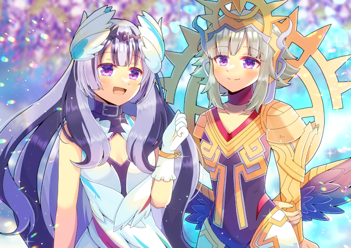 2girls :d bare_shoulders black_bodysuit black_hair black_wings blurry blurry_background bodysuit closed_mouth collarbone commentary_request commission depth_of_field dress feathered_wings fire_emblem fire_emblem_engage fire_emblem_heroes grey_hair hand_up kou_hiyoyo long_hair low_wings multicolored_hair multiple_girls nintendo open_mouth purple_eyes skeb_commission sleeveless sleeveless_dress smile two-tone_hair veronica_(emblem)_(fire_emblem) veronica_(fire_emblem) veronica_(princess_rising)_(fire_emblem) very_long_hair veyle_(fire_emblem) white_dress wings