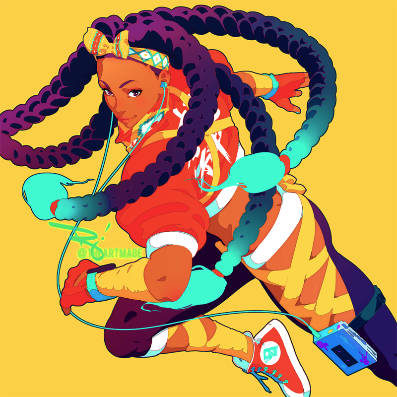 1girl aqua_hair black_hair blush cassette_player dark-skinned_female dark_skin dreadlocks earphones fingerless_gloves gloves gradient_hair kimberly_jackson lips multicolored_hair pants purple_hair shoes sneakers street_fighter street_fighter_6 the_art_mage yellow_background