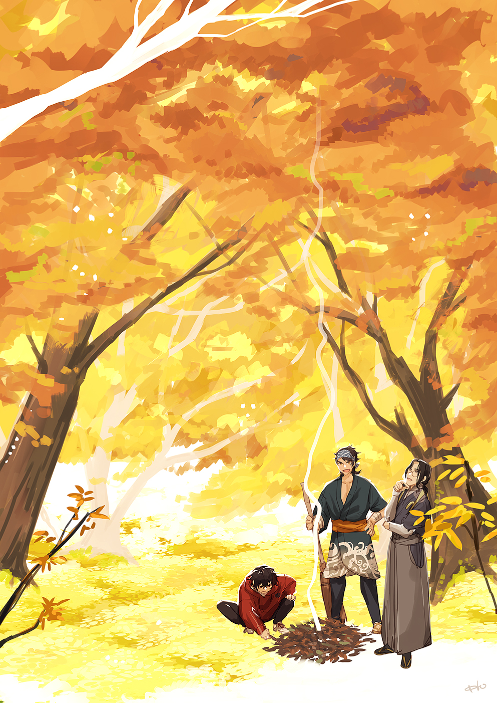 3boys :d autumn autumn_leaves bandaged_arm bandages bandana black_hair black_kimono black_leggings black_pants black_socks blue_kimono broom brown_hair burning cooking forest full_body glasses grey_hakama hair_between_eyes hakama hand_on_own_chin highres hizen_tadahiro holding holding_broom holding_stick hood hood_down hoodie houhou_(black_lack) japanese_clothes kimono leaf leggings long_hair looking_at_object looking_down looking_up low_ponytail male_focus multiple_boys mutsu-no-kami_yoshiyuki nankaitarou_chouson nature open_mouth orange_sash outdoors pants parted_bangs ponytail red_eyes red_hoodie sandals shirt shoes short_hair smile smoke sneakers socks squatting standing stick swept_bangs tasuki touken_ranbu tree wave_print white_shirt white_shoes yellow_eyes zouri
