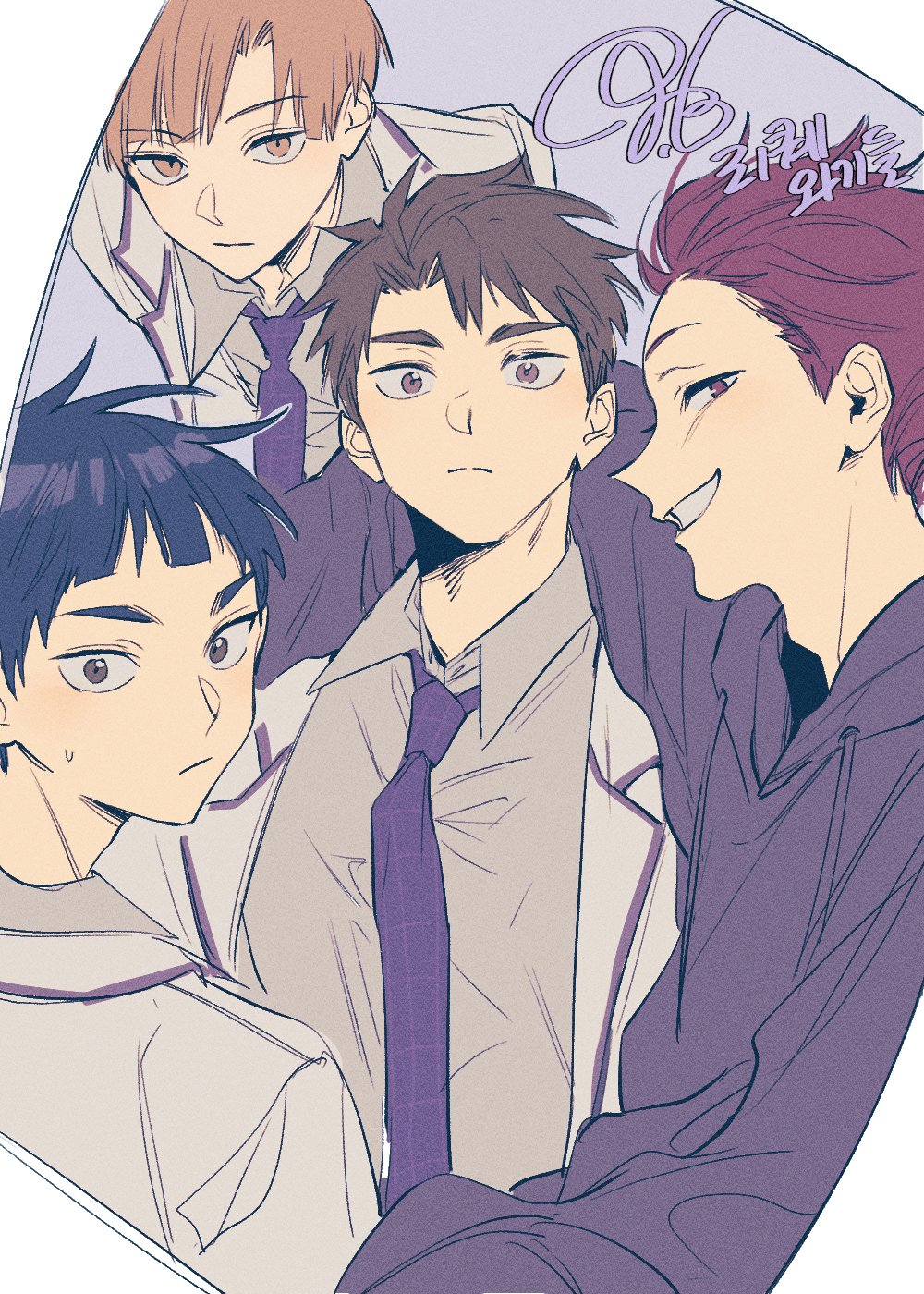 4boys arm_around_shoulder brown_eyes goshiki_tsutomu haikyuu!! highres hood hoodie m_m_pb male_focus multiple_boys necktie purple_eyes purple_hoodie purple_necktie red_eyes school_uniform shirabu_kenjirou shirt smile sweatdrop tendou_satori upper_body ushijima_wakatoshi white_shirt