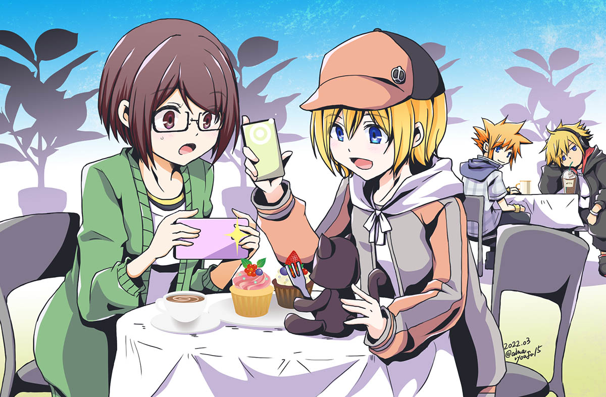 2boys 2girls baseball_cap bito_daisukenojo bito_raimu black_hoodie blonde_hair blue_eyes brown_hair bubble_tea cellphone cup cupcake drink drinking_straw eyebrows_hidden_by_hair food glasses green_jacket grey_jacket hat headphones holding holding_phone hood hooded_jacket hoodie jacket misaki_shiki multicolored_jacket multiple_boys multiple_girls nyantan open_mouth orange_hair phone rectangular_eyewear sakuraba_neku shin_subarashiki_kono_sekai shirt smartphone smile spiked_hair subarashiki_kono_sekai teacup two-tone_headwear two-tone_jacket white_shirt