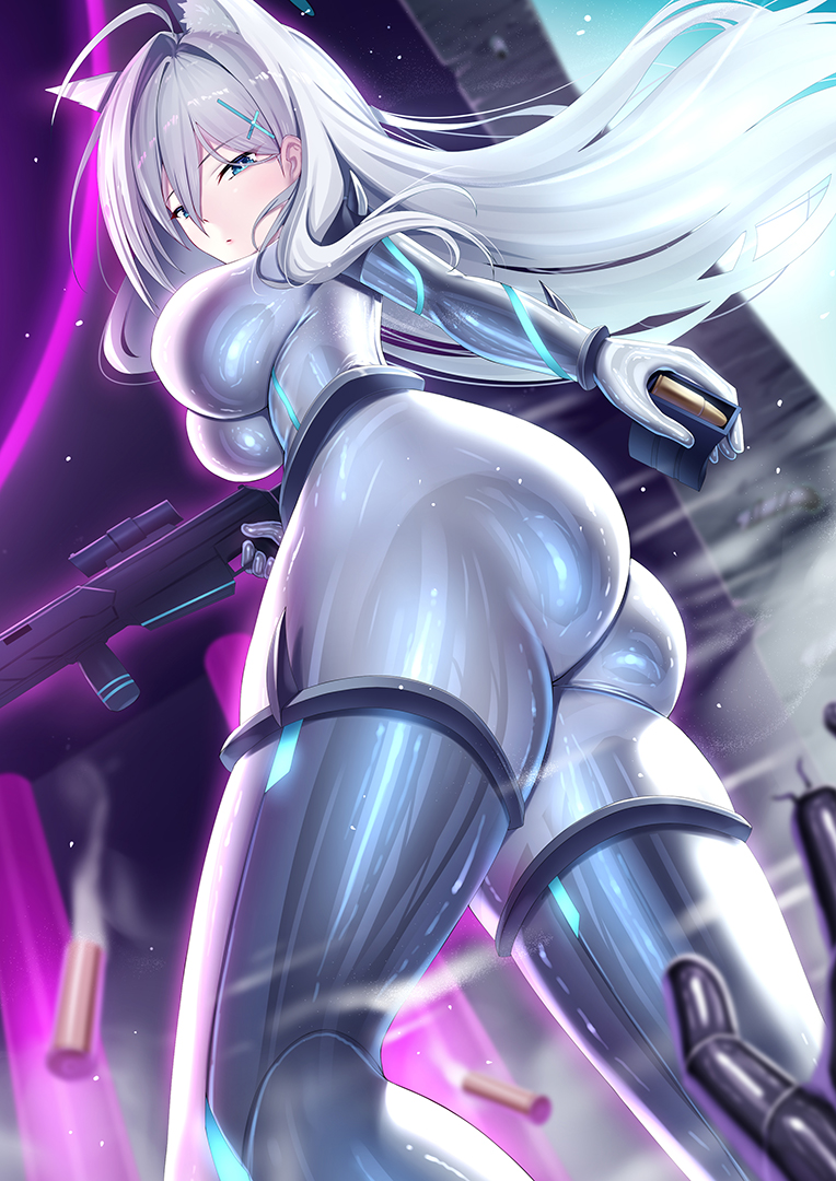 1girl animal_ear_fluff animal_ears ass assault_rifle blue_archive blue_eyes blush bodysuit breasts broken_halo cross cross_hair_ornament dark_halo extra_ears grey_hair gun hair_ornament halo inverted_cross iro_ame_(amewaagada) large_breasts latex latex_bodysuit light_particles long_hair looking_at_viewer mismatched_pupils rifle shiny_clothes shiroko_(blue_archive) shiroko_terror_(blue_archive) sig_sauer_556 skin_tight solo sparkle weapon wolf_ears wolf_girl