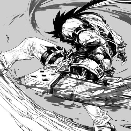 1boy arm_belt belt belt_buckle buckle dynamic_pose fingerless_gloves gloves grey_background greyscale guilty_gear holding holding_weapon hungry_clicker jacket male_focus monochrome multiple_belts outstretched_arm pants short_hair_with_long_locks sketch sol_badguy solo thigh_belt thigh_strap weapon wind