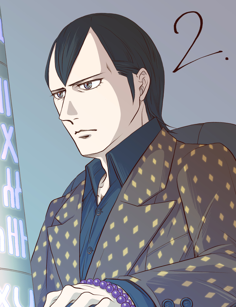 1boy bead_bracelet beads black_hair black_shirt blue_eyes bracelet brown_suit chair countdown diamond_(shape) expressionless formal_clothes grey_background hikawa_(megami_tensei) jewelry male_focus on_chair shin_megami_tensei shin_megami_tensei_iii:_nocturne shirt short_hair solo suit watabashi_yf