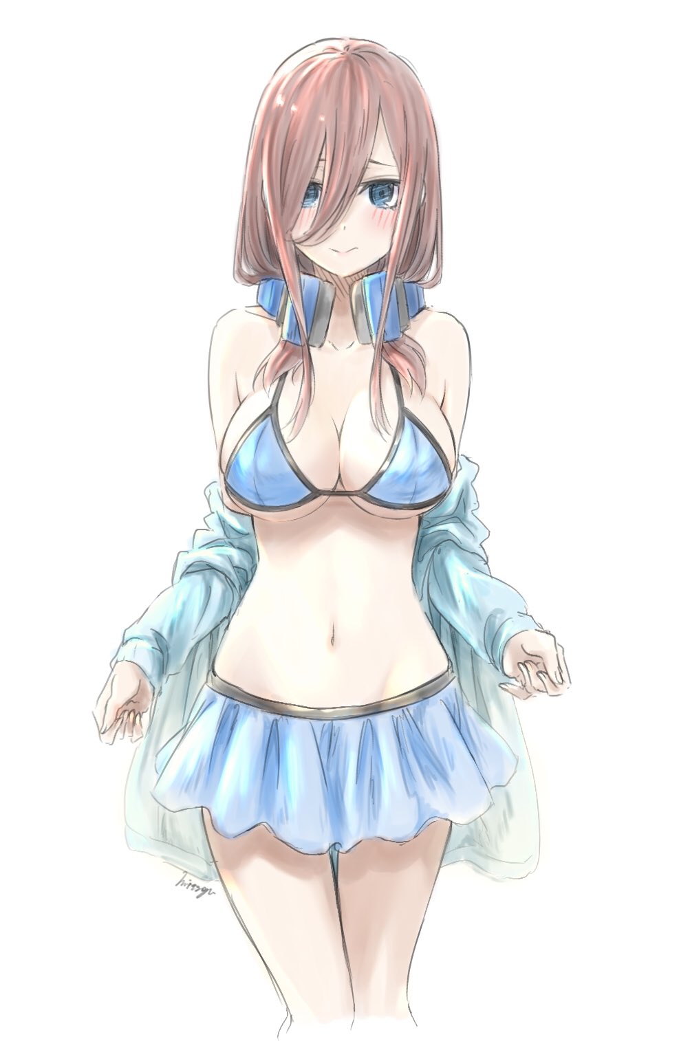 1girl bare_shoulders bikini bikini_top_only blue_eyes blue_sweater blush breasts brown_hair cleavage closed_mouth commentary_request go-toubun_no_hanayome hair_between_eyes headphones headphones_around_neck highres large_breasts looking_at_viewer medium_hair mitsugu nakano_miku off_shoulder pleated_skirt skirt smile sweater swimsuit thighs underboob