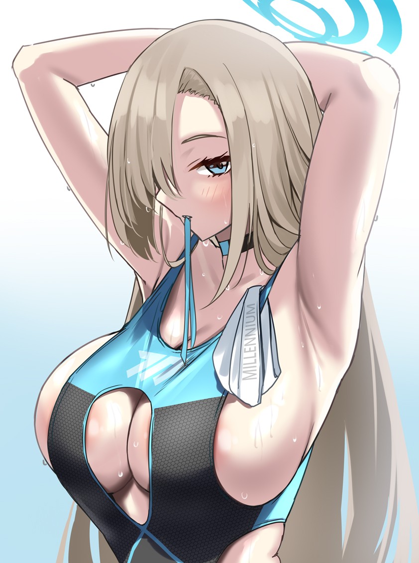1girl adjusting_hair arm_behind_head armpits arms_up asuna_(blue_archive) bad_id bad_twitter_id blonde_hair blue_archive blue_ribbon breasts choker cleavage_cutout clothing_cutout gachou hair_over_one_eye halo large_breasts mouth_hold one-piece_swimsuit ribbon ribbon_in_mouth swim_cap swimsuit wet