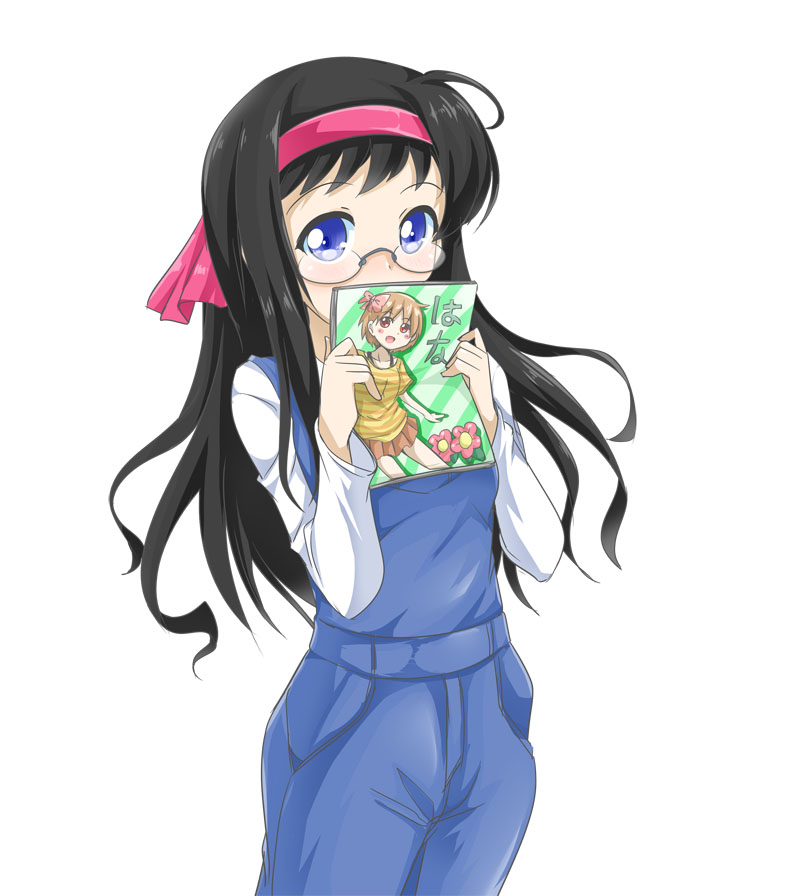 00s 1girl black_hair blue_eyes comic_party female_focus glasses hairband holding long_hair looking_at_viewer magazine_(object) overalls rimless_eyewear sakurai_asahi solo tsukasa_0913 white_background